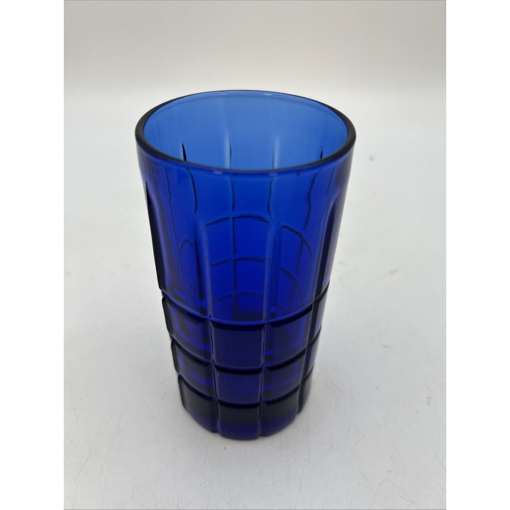 vintage cobalt blue drinking glass in the "Tartan" pattern by Anchor Hocking
